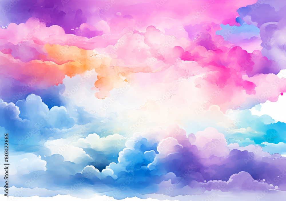 Vibrant Watercolor Rainbow Cloud Landscape Background - Colorful Tie-Dye Sky Gradient Abstract Texture Design