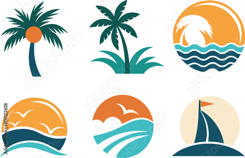 This image is a collection of logos featuring various beach themes. There are logos with palm trees, suns, waves, and sunset imagery white background