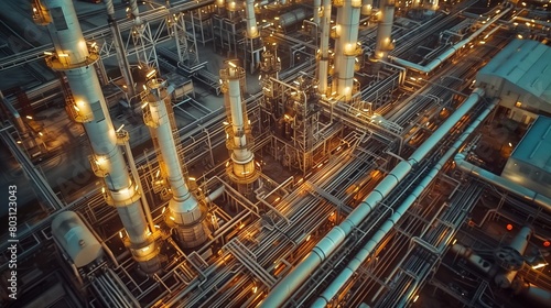 Aerial view of an industrial complex with illuminated towers and intricate pipelines.