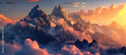 Panoramic of mountain landscape at sunset. generative AI image