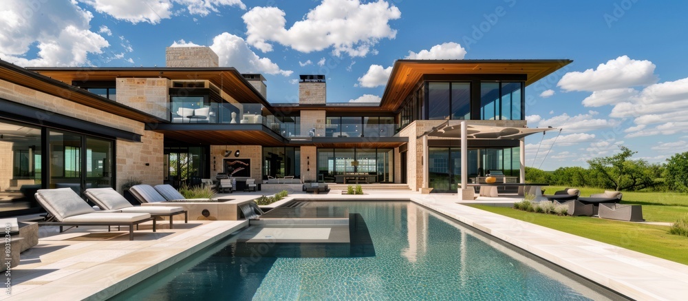 Fototapeta premium Portrait of a modern house equipped with a swimming pool. generative AI image