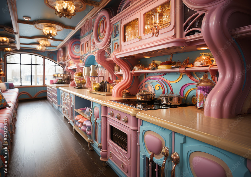 Naklejka premium Vibrant Whimsical Candy-Themed Kitchen Interior Design with Lollipop Cabinet Knobs, Sprinkle Patterns, Pastel Candy Colors