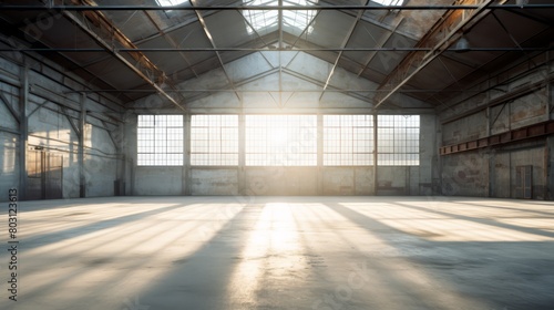 Spacious  vacant warehouse floor with natural light streaming through skylights  subtle shadows on ground 