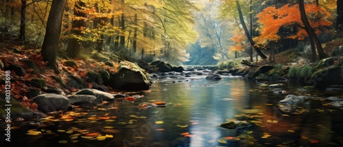 Quiet woodland stream with fish visible under the surface  surrounded by autumn colors 