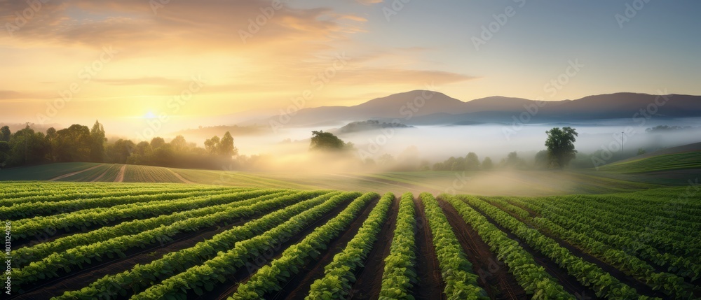 Quiet agricultural field with rows of crops, a gentle sunrise, and a dewy atmosphere,