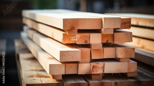 A stack of new wooden planks at a construction site  emphasizing natural wood grain 