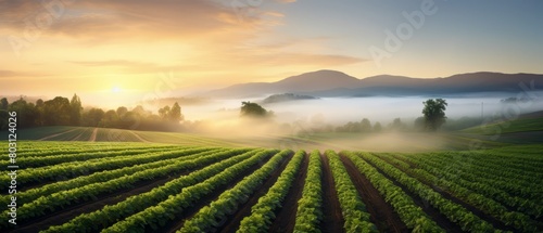 Quiet agricultural field with rows of crops, a gentle sunrise, and a dewy atmosphere,