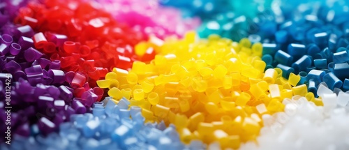 Close-up of colorful plastic granules for injection molding, focusing on the materials and vibrant colors used in plastic production,
