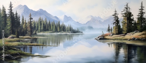 Quiet alpine landscape with a reflective lake, pine trees and soft morning mist,