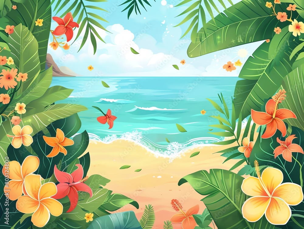 A beautiful beach with palm trees and flowers in the foreground, and the ocean in the background.