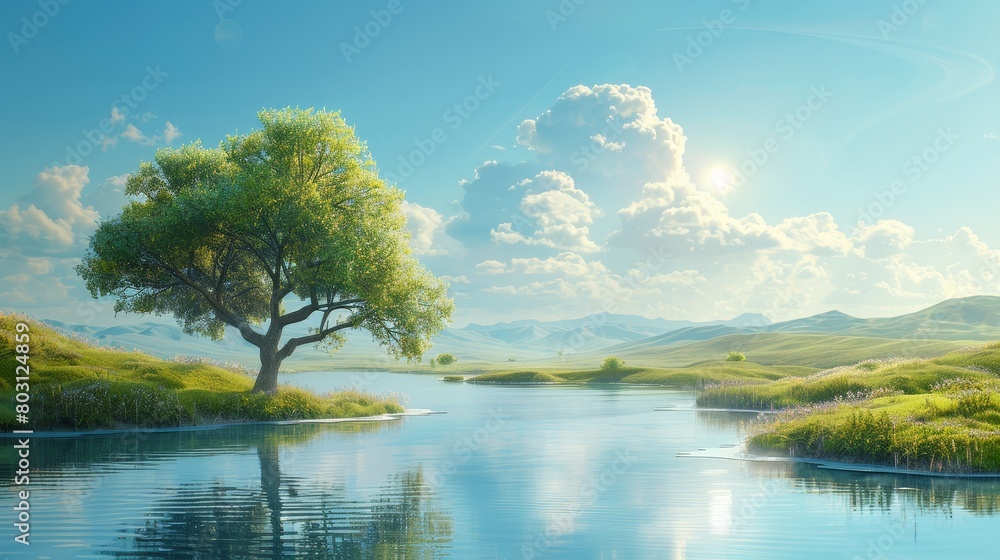 Minimalist Nature Tranquil Scene: A 3D illustration depicting a tranquil scene in nature Minimalist Nature Tranquil Scene: A 3D illustration depicting a tranquil scene in nature