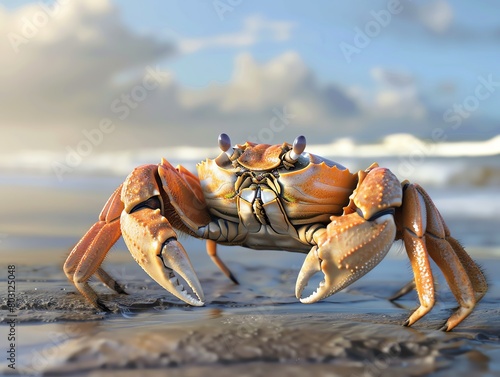 A crab standing on the beach with the ocean in the background © pprothien
