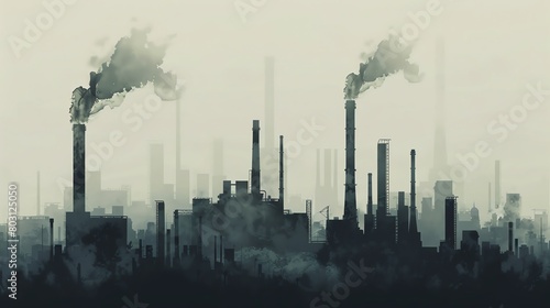 A dark factory with smoke coming out of the chimneys.