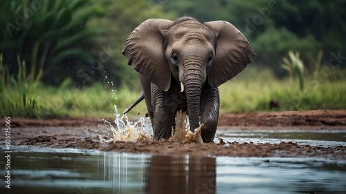 Baby elephant playfully splashing