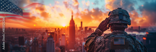 Memorial day. Silhouette of a soldier saluting against the backdrop of an American flag and urban skyline at sunset, symbolizing respect and patriotism photo