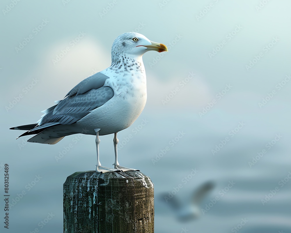 Seagull standing on a wooden post in the middle of the ocean. Seagull standing on a wooden post in the middle of the ocean.