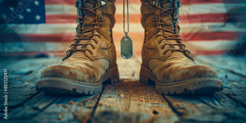 Memorial day. Powerful image of military boots and dog tags with an American flag background, symbolizing service and sacrifice photo