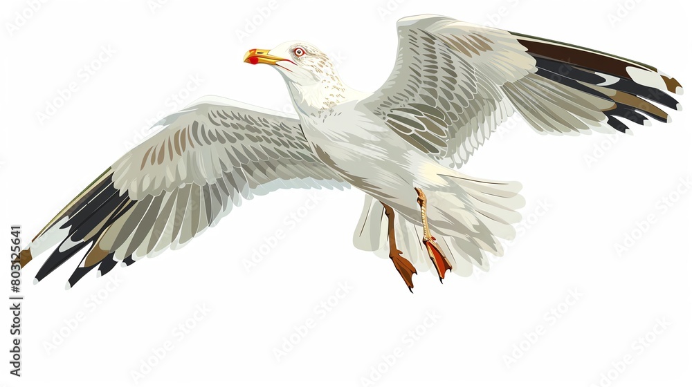 Obraz premium A seagull is flying with its wings spread wide.