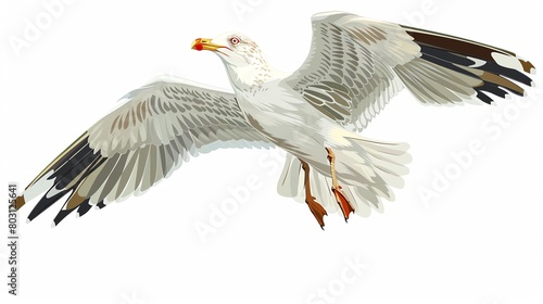 A seagull is flying with its wings spread wide.