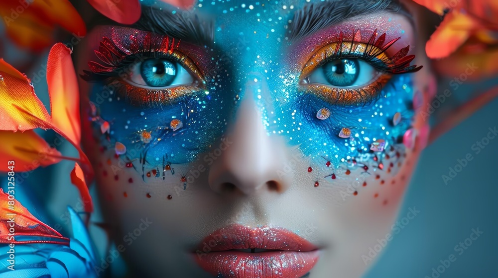 A person adorned in imaginative makeup and fashion, radiating 3D splendor and vibrant colors A person adorned in imaginative makeup and fashion, radiating 3D splendor and vibrant colors