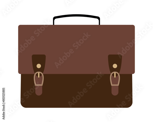 Brown leather briefcase with handle and locks. Men's business briefcase for documents. Isolated vector illustration