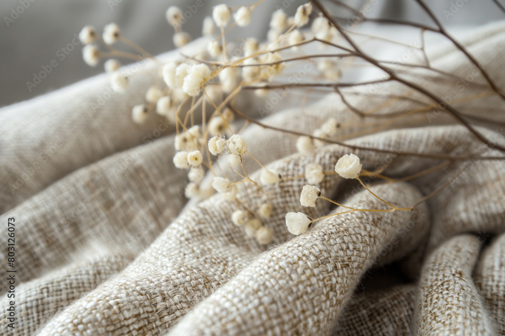 Obraz premium Closeup of dried flowers on a blanket with a wood twig pattern. Generative AI