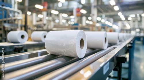 Close-up of large rolls of white toilet paper on a conveyor belt in an industrial factory setting.