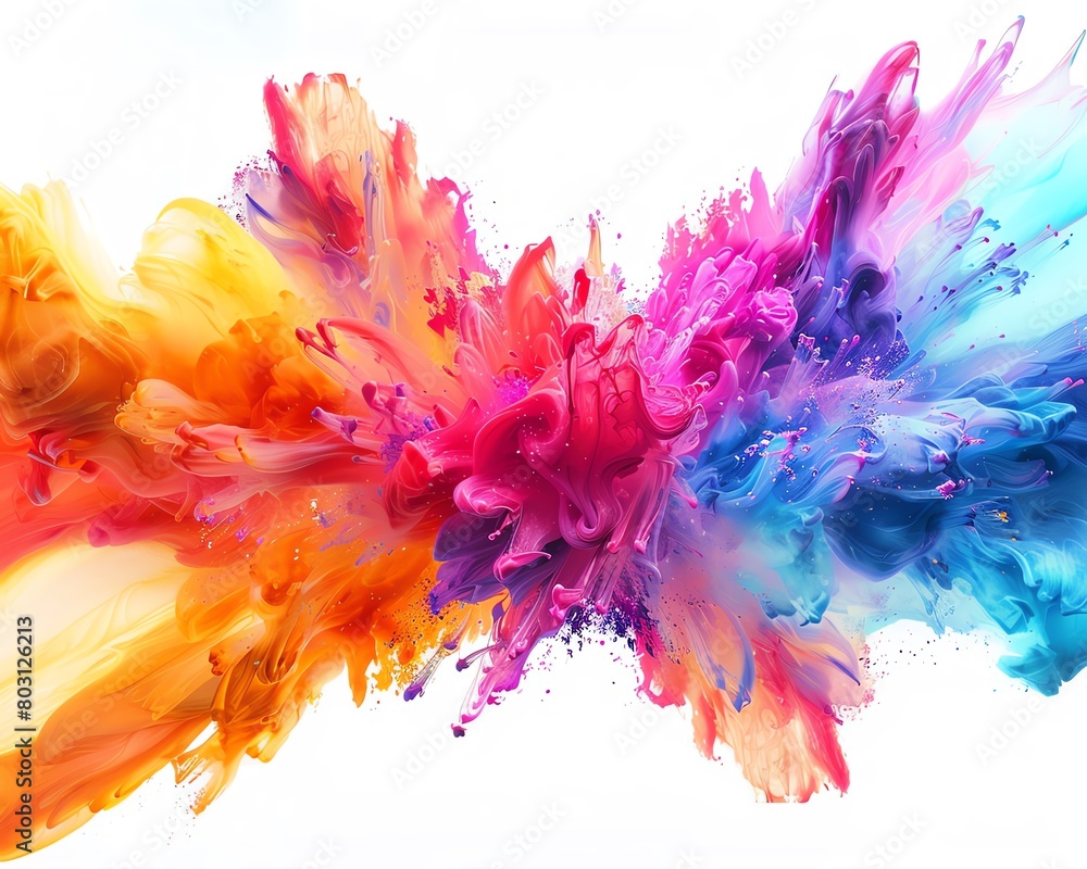 Dynamic clash of vivid colors exploding in a fluid artistic expression on a white background.