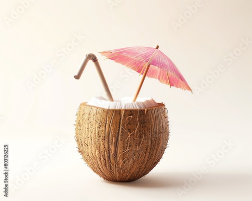 Coconut juice in Coconut with pink umbrella and straw on a beige background