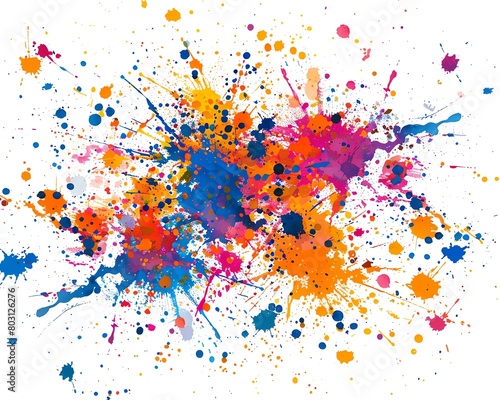 Explosive splatter of bright paint colors on a white background, representing artistic chaos and creativity.