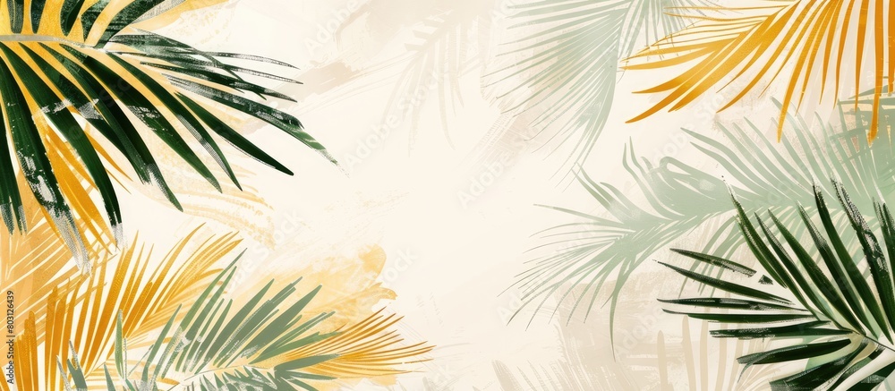 Artistic backdrop with tropical palm leaves in shades of gold and green. Simple abstract design inspired by summer forests. Framed with white paper for text placement. Artistic backdrop with tropical palm leaves in shades of gold and green. Simple abstract design inspired by summer forests. Framed with white paper for text placement.