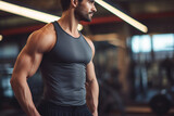 Muscled man wearing gym shirt, projecting comfort and strength. Gym, well-being and health for life