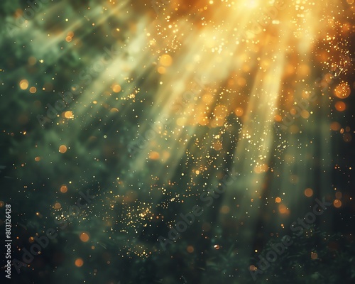 Green and gold bokeh background with light rays