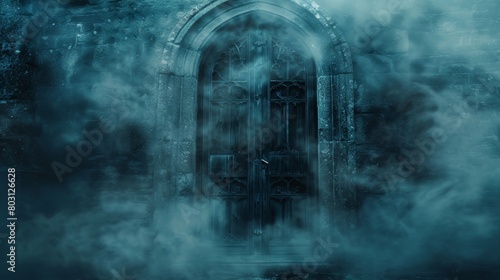 Mysterious door standing alone among forest undergrowth with fog and ethereal light