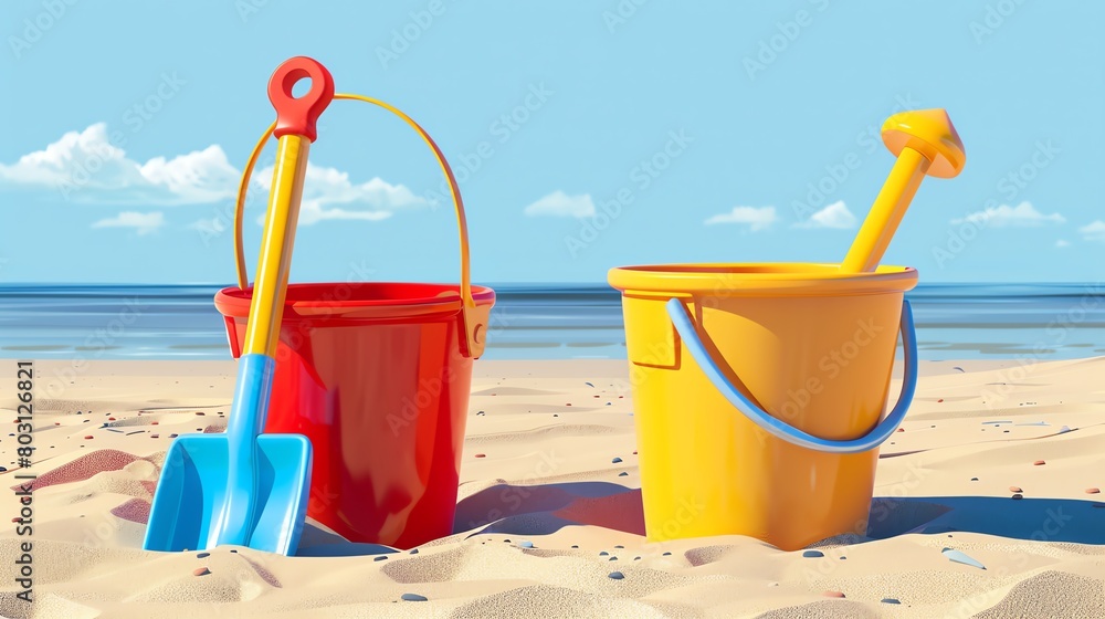 Two cartoon and shovels sit in the sand at the beach. Two cartoon and shovels sit in the sand at the beach.
