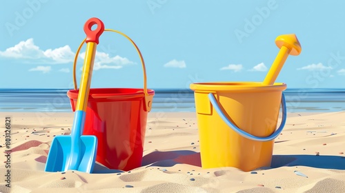 Two cartoon and shovels sit in the sand at the beach. photo