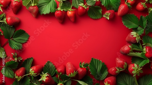 Fresh strawberries with vibrant green leaves are neatly arranged around a red background with copy space.