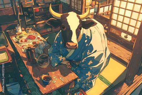 anime style illustration, cow chef is cooking © Yoshimura