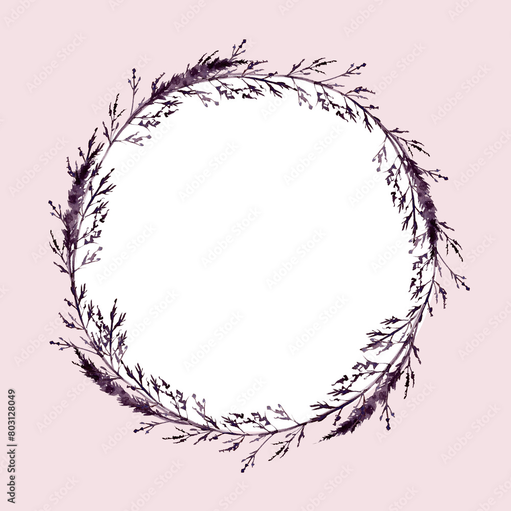 wreath with watercolor monochrome silhouette herbs, sketch of grass, abstract meadow plants, wild field illustration pink background template for wedding decoration