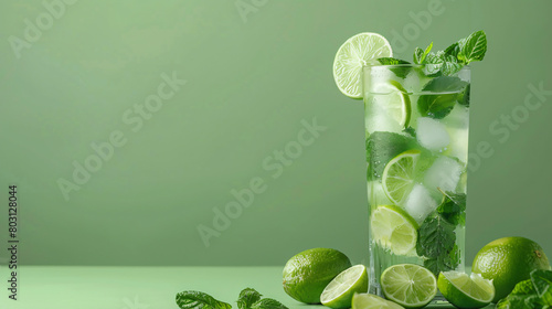 Glass of cold mojito and lime on green table