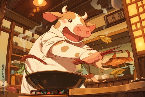 anime style illustration, cow chef is cooking © Yoshimura