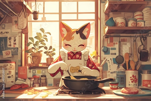 anime style illustration  cat chef is cooking