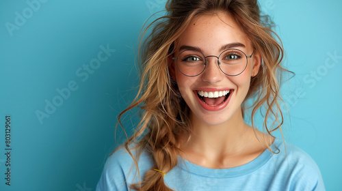 Portrait of a happy smiling woman on a light blue background.  photo