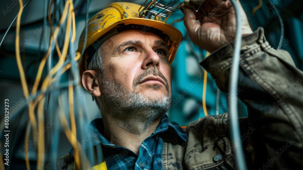 Obraz premium A Focused Electrician at Work