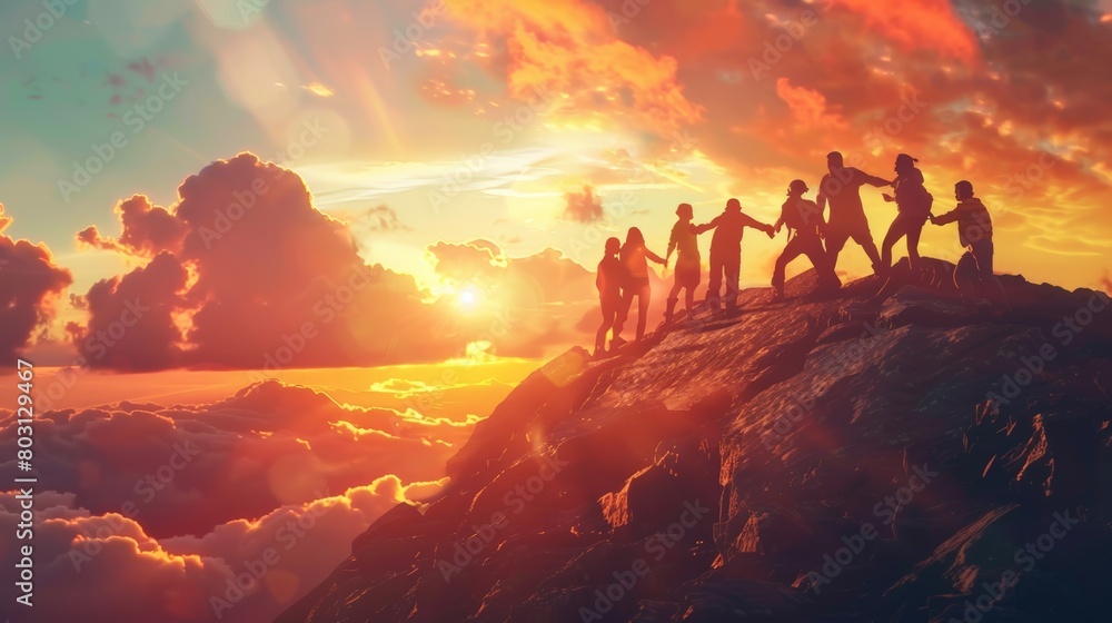A group of hikers celebrates reaching the summit, holding hands against a dramatic sunset backdrop above the clouds.
