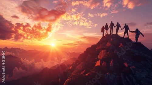 A group of hikers celebrates reaching the summit  holding hands against a dramatic sunset backdrop above the clouds. 