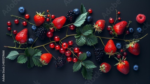 Assorted fresh berries with leaves scattered artistically on a dark background. © Natalia