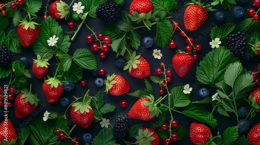 A vibrant display of assorted berries with leaves on a dark background, featuring strawberries, blueberries, blackberries, and red currants. A vibrant display of assorted berries with leaves on a dark background, featuring strawberries, blueberries, blackberries, and red currants.