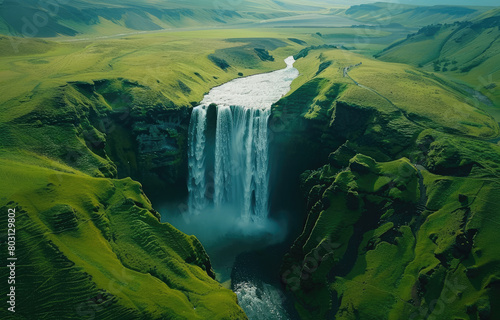Beautiful view of Skogafoss Waterfall in Iceland, green grass on the ground