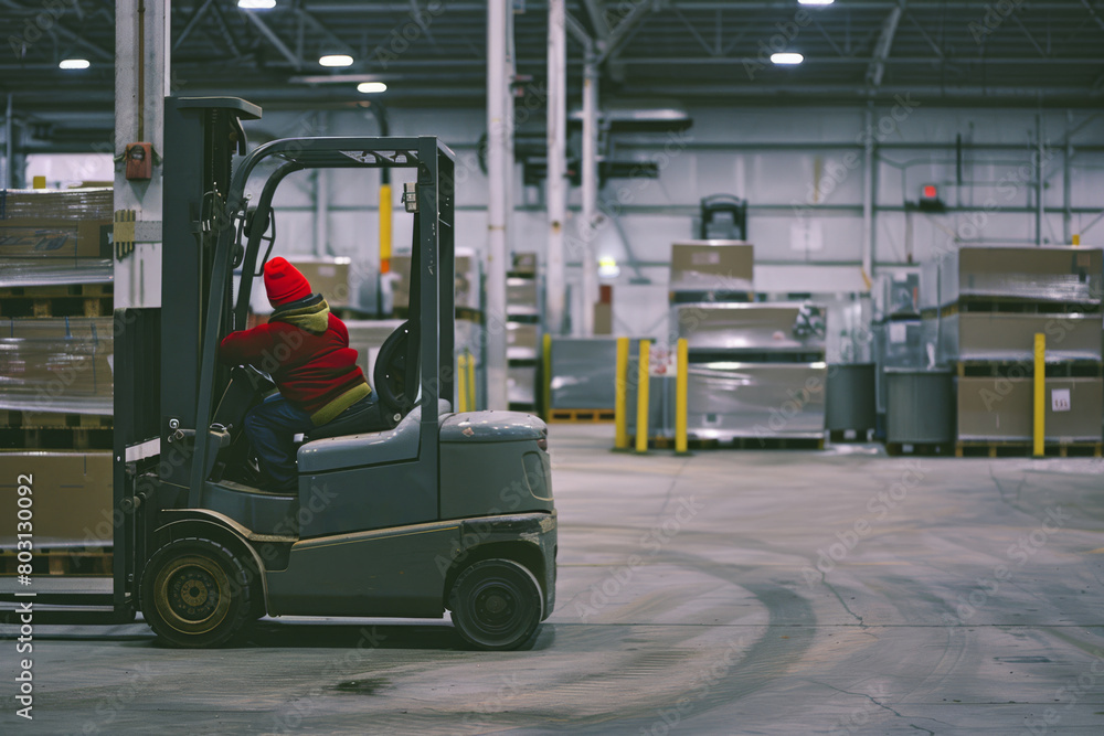 Industrial Efficiency Forklift Operator Navigating a Warehouse Industrial Efficiency Forklift Operator Navigating a Warehouse